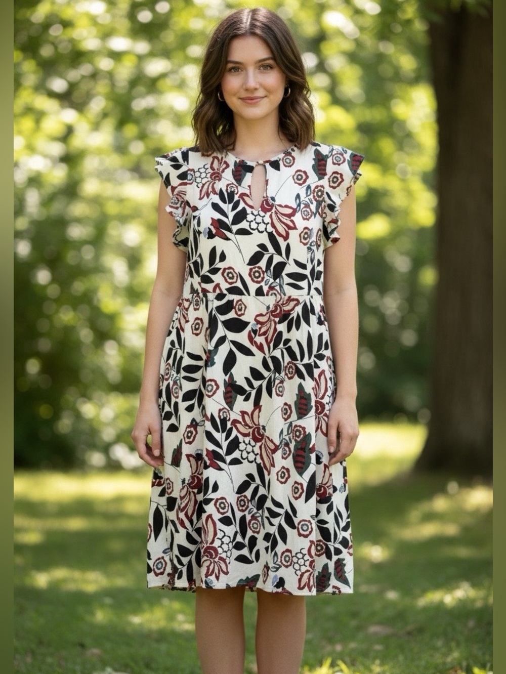 Suzanne Betro Cream Midi Dress with Red and Black Floral Print whimsical fairy